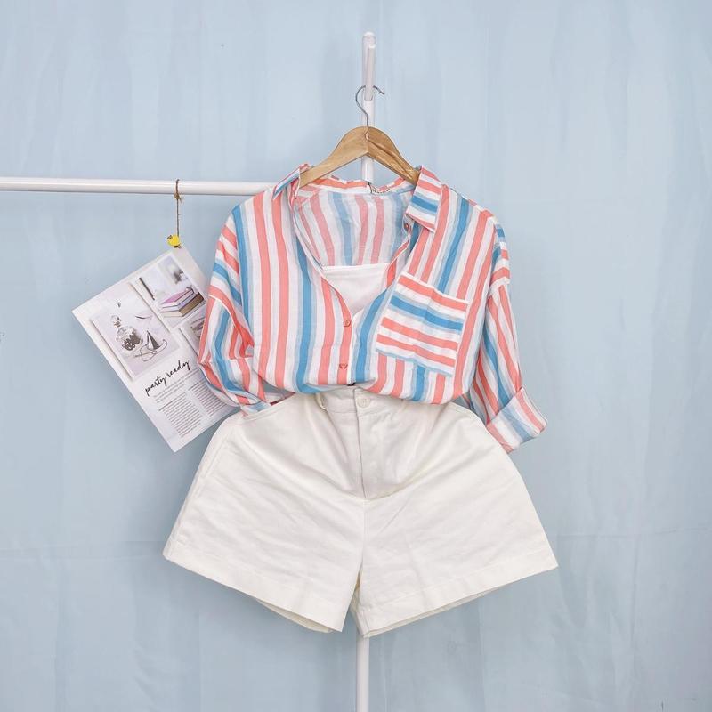 Áo Sơ Mi Nữ Kẻ Sọc Phối Màu Thời Trang Freesize, Sơ Mi Kẻ Sọc Phố