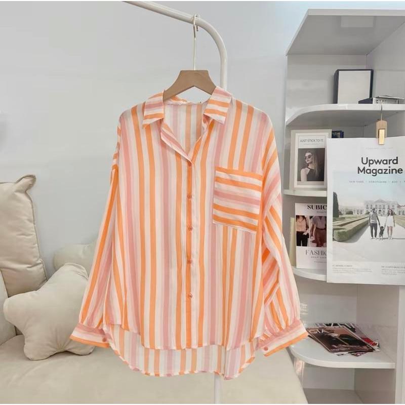 Áo Sơ Mi Nữ Kẻ Sọc Phối Màu Thời Trang Freesize, Sơ Mi Kẻ Sọc Phố