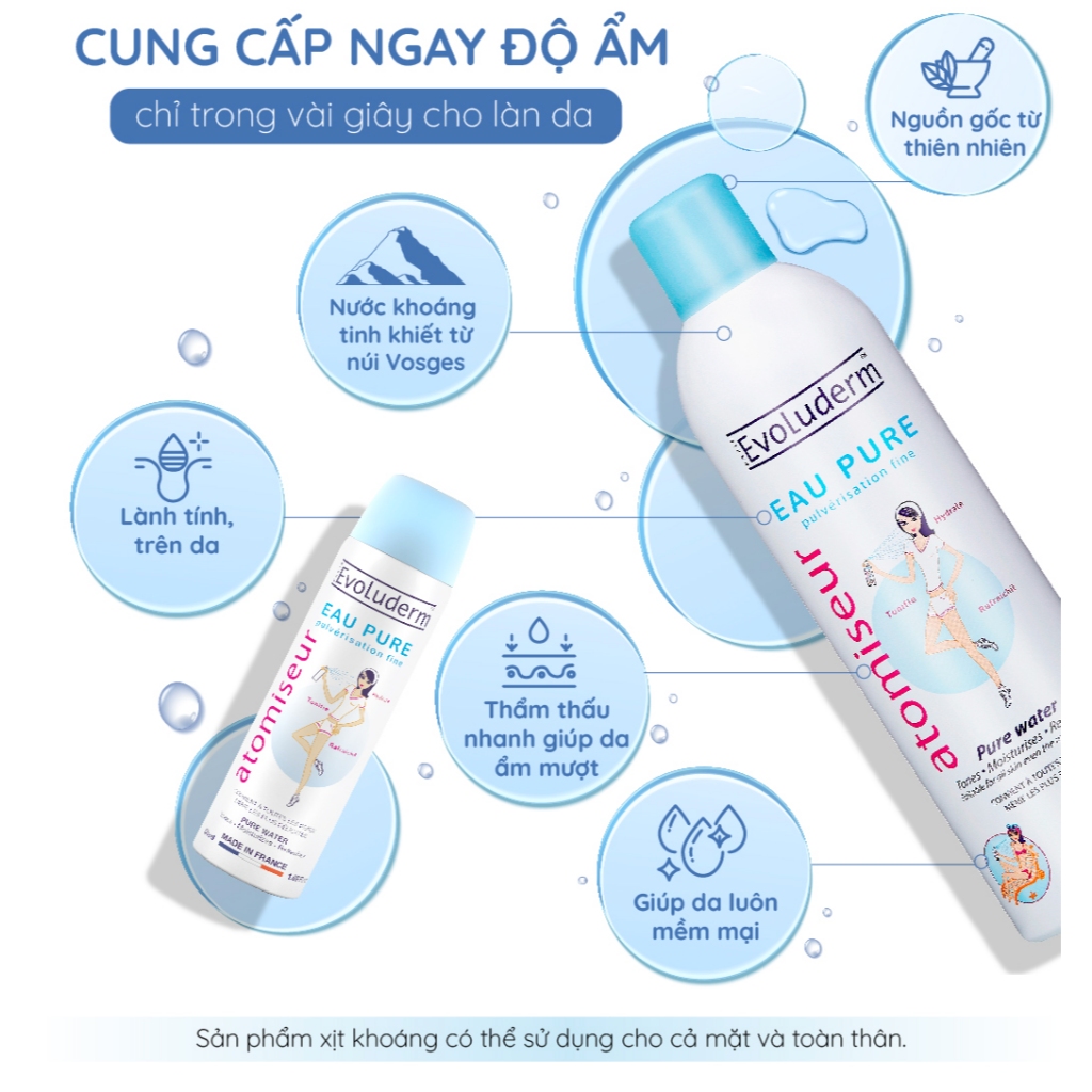 Bộ 2 Chai Xịt khoáng dưỡng ẩm, làm dịu và bảo vệ da Evoluderm Atomiseur Eau Pure 150mlx2