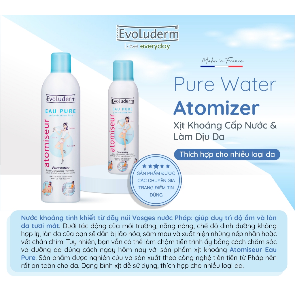 Bộ 2 Chai Xịt khoáng dưỡng ẩm, làm dịu và bảo vệ da Evoluderm Atomiseur Eau Pure 150mlx2