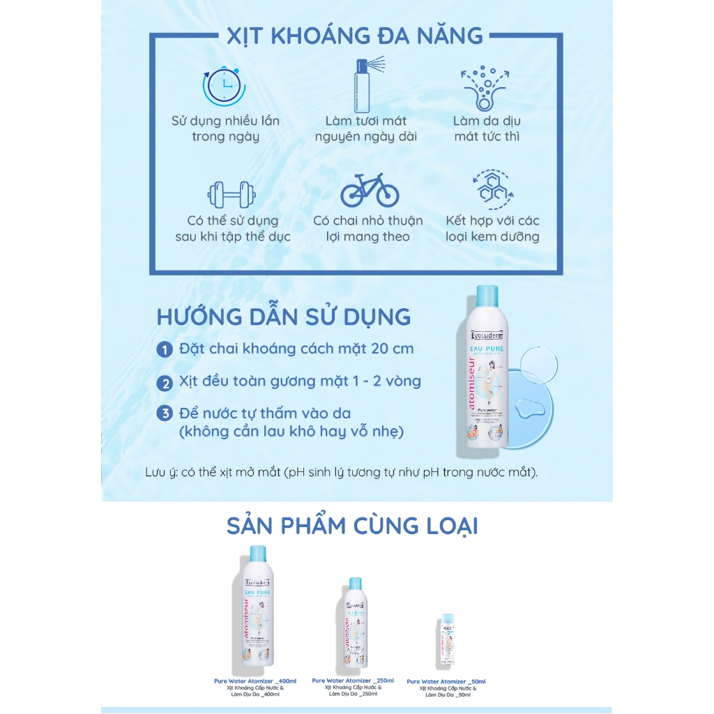 Bộ 2 Chai Xịt khoáng dưỡng ẩm, làm dịu và bảo vệ da Evoluderm Atomiseur Eau Pure 150mlx2