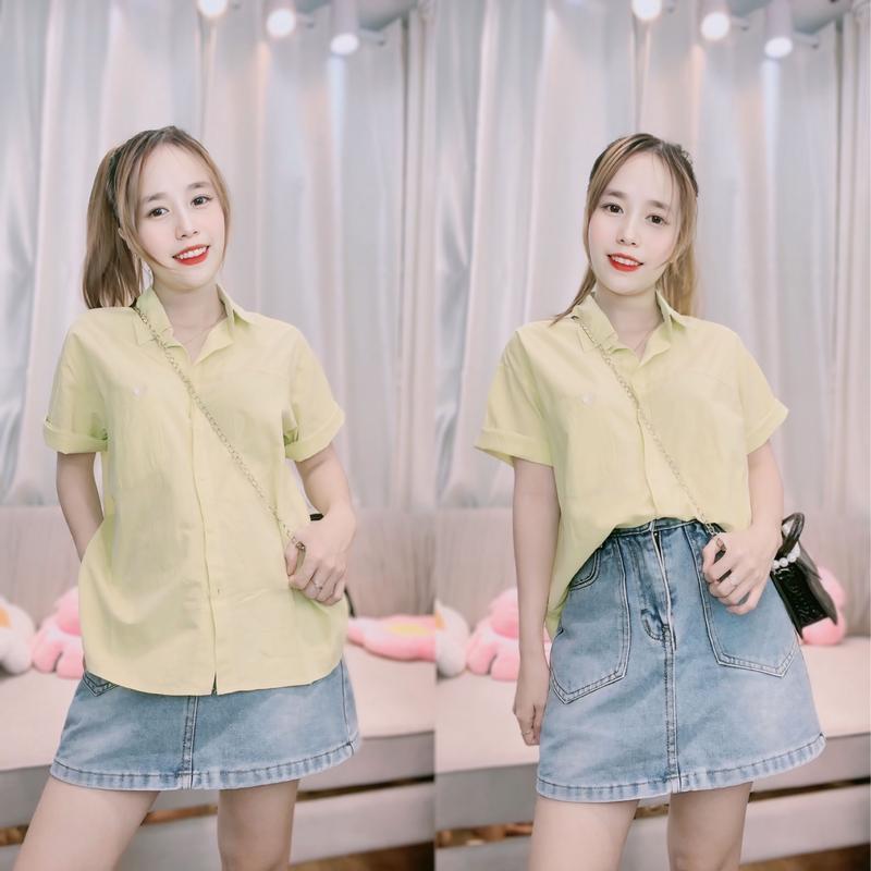 Áo Sơ Mi Tay Ngắn 1 Túi Chất Linen Bột Cực Mịn, Áo Tay Ngắn Thêu Tim