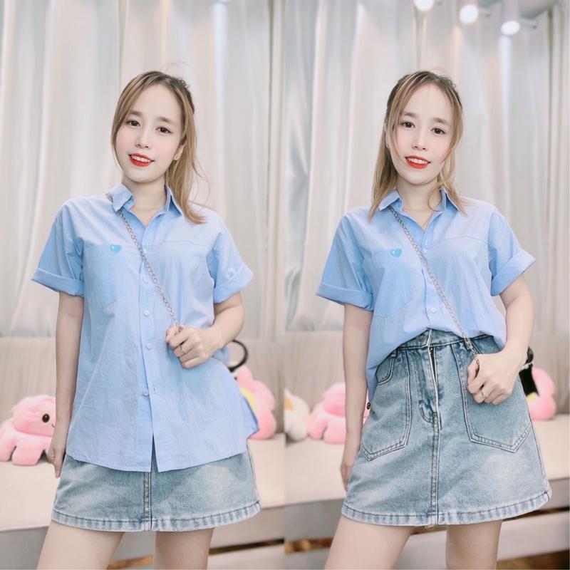 Áo Sơ Mi Tay Ngắn 1 Túi Chất Linen Bột Cực Mịn, Áo Tay Ngắn Thêu Tim