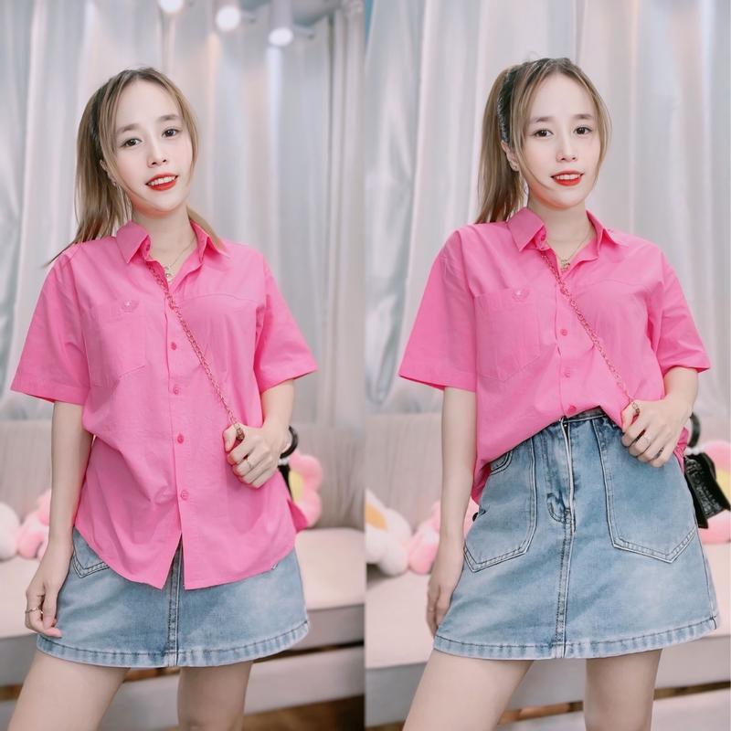 Áo Sơ Mi Tay Ngắn 1 Túi Chất Linen Bột Cực Mịn, Áo Tay Ngắn Thêu Tim
