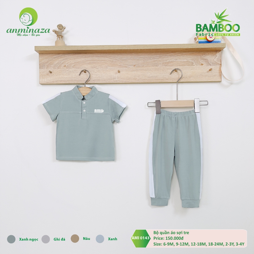 Bộ Quần Dài Áo Cộc Cho Bé Dáng Thể Thao Năng Động Chất Vải Sợi Tre Thoáng Mát - Hàng Chính Hãng AMI0143