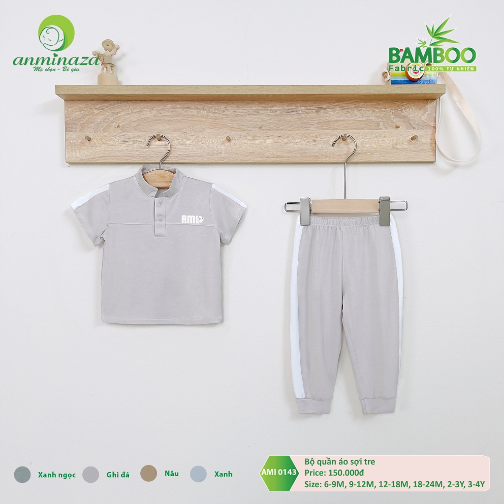Bộ Quần Dài Áo Cộc Cho Bé Dáng Thể Thao Năng Động Chất Vải Sợi Tre Thoáng Mát - Hàng Chính Hãng AMI0143