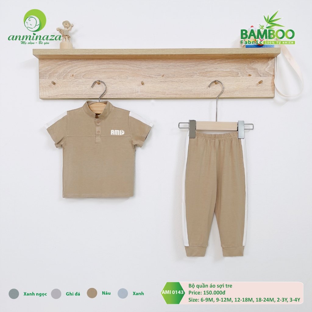 Bộ Quần Dài Áo Cộc Cho Bé Dáng Thể Thao Năng Động Chất Vải Sợi Tre Thoáng Mát - Hàng Chính Hãng AMI0143