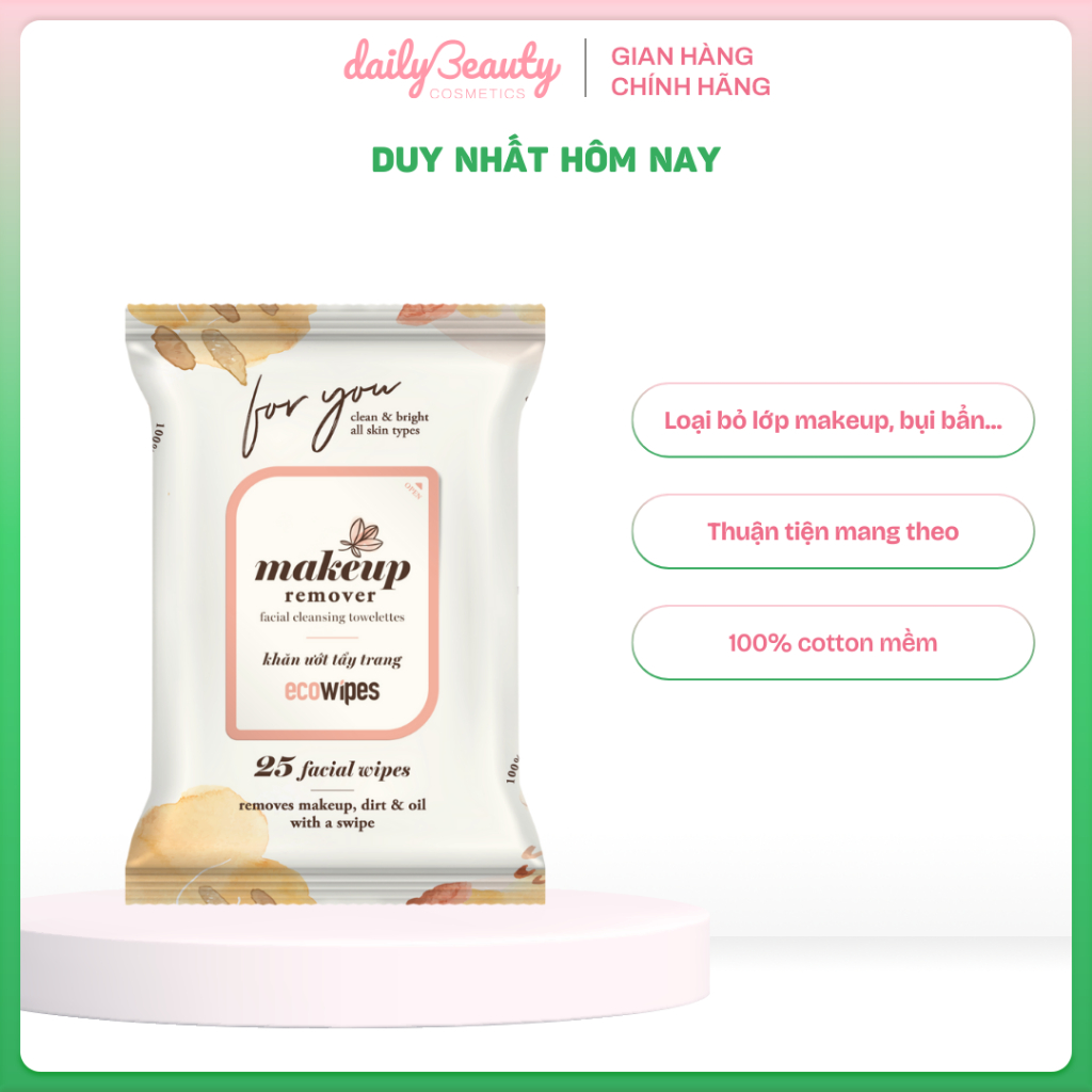 Ảnh Khăn tẩy trang ECOWIPES Facial Cleansing Towelettes Makeup Remover, 25 Tờ/ Gói - Daily Beauty 1