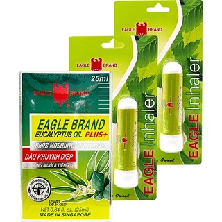Combo dầu khuynh diệp con ó Eagle Brand Eucalyptus Oil Plus+ (25ml) + 02 ống hít thông mũi con ó Eagle Inhaler (1.1g)