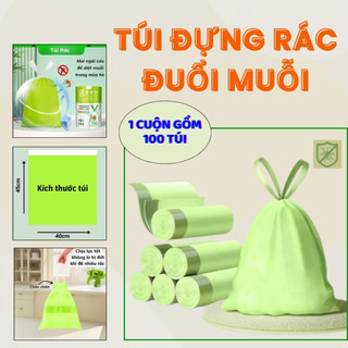 Túi đựng rác có dây rút, túi rác đuổi muỗi, chống côn trùng có quai dày dặn Ag+ kháng khuẩn 100 túi