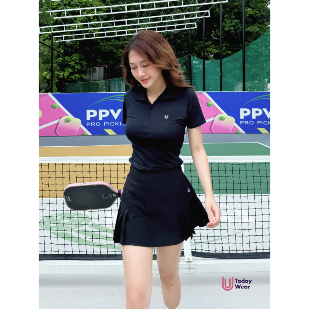 Ảnh Set bộ đồ thể thao nữ áo Lia Top đen mix chân váy Elly Skirt đen Today U Wear cầu lông tennis pickleball bóng bàn 4