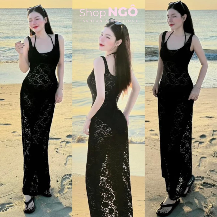 Set bikini - Set đầm bikini tôn dáng, quyến rũ, sexy cho nàng đi biển, set bikini chất tăm lanh kèm đầm body ren đen