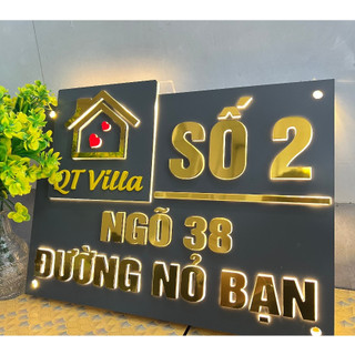 BẢNG, BIỂN SỐ NHÀ. Đèn LED theo yêu cầu. Alu xám ghi đậm + chữ nổi alu vàng gold 8mm