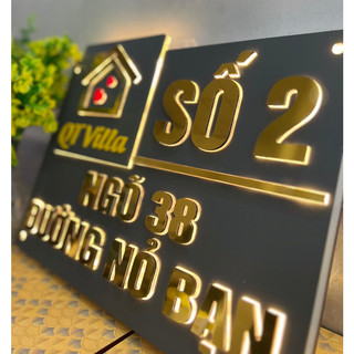 BẢNG, BIỂN SỐ NHÀ. Đèn LED theo yêu cầu. Alu xám ghi đậm + chữ nổi alu vàng gold 8mm