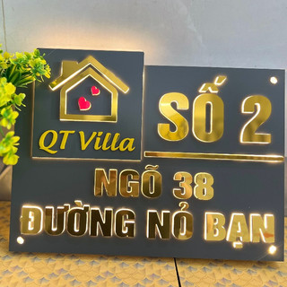 BẢNG, BIỂN SỐ NHÀ. Đèn LED theo yêu cầu. Alu xám ghi đậm + chữ nổi alu vàng gold 8mm