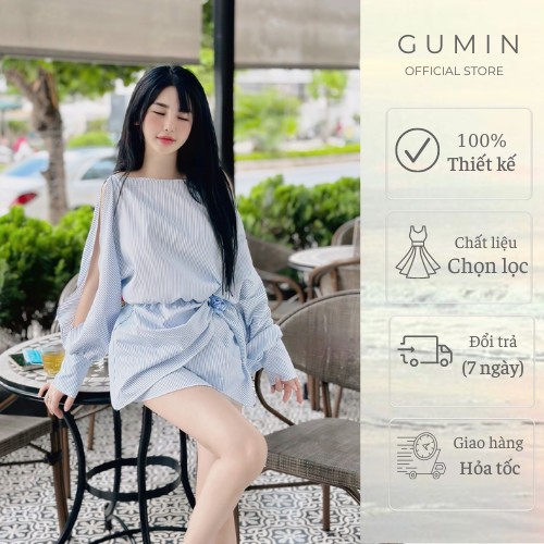 Váy kẻ xanh GUMIN thiết kế xẻ tay lệch vai dáng ngắn có đính hoa nhúm eo sang trọng