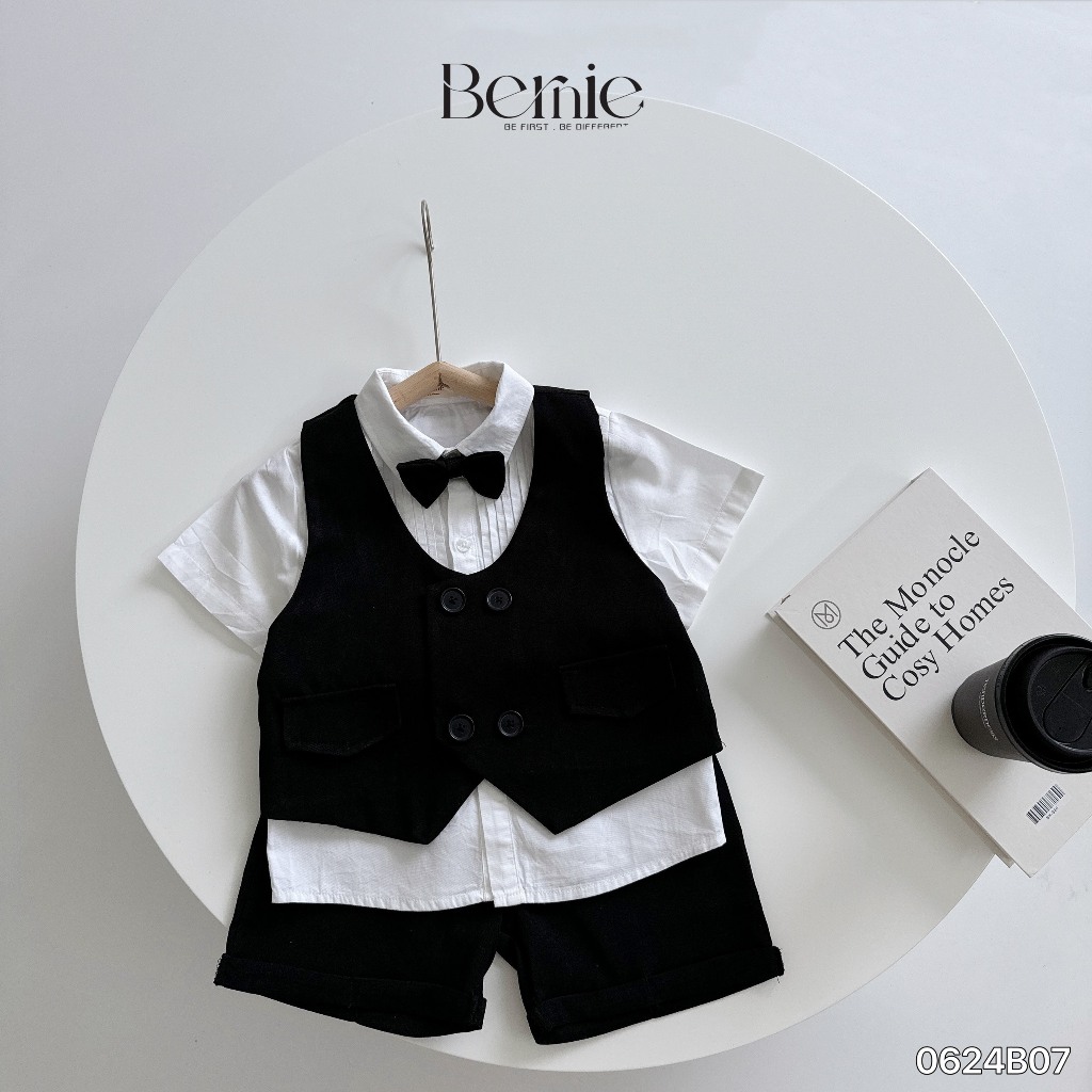 Set gile vest, sơ mi trắng kèm nơ công tử, bộ gile 4 chi tiết phong cách Hàn Quốc bé trai
