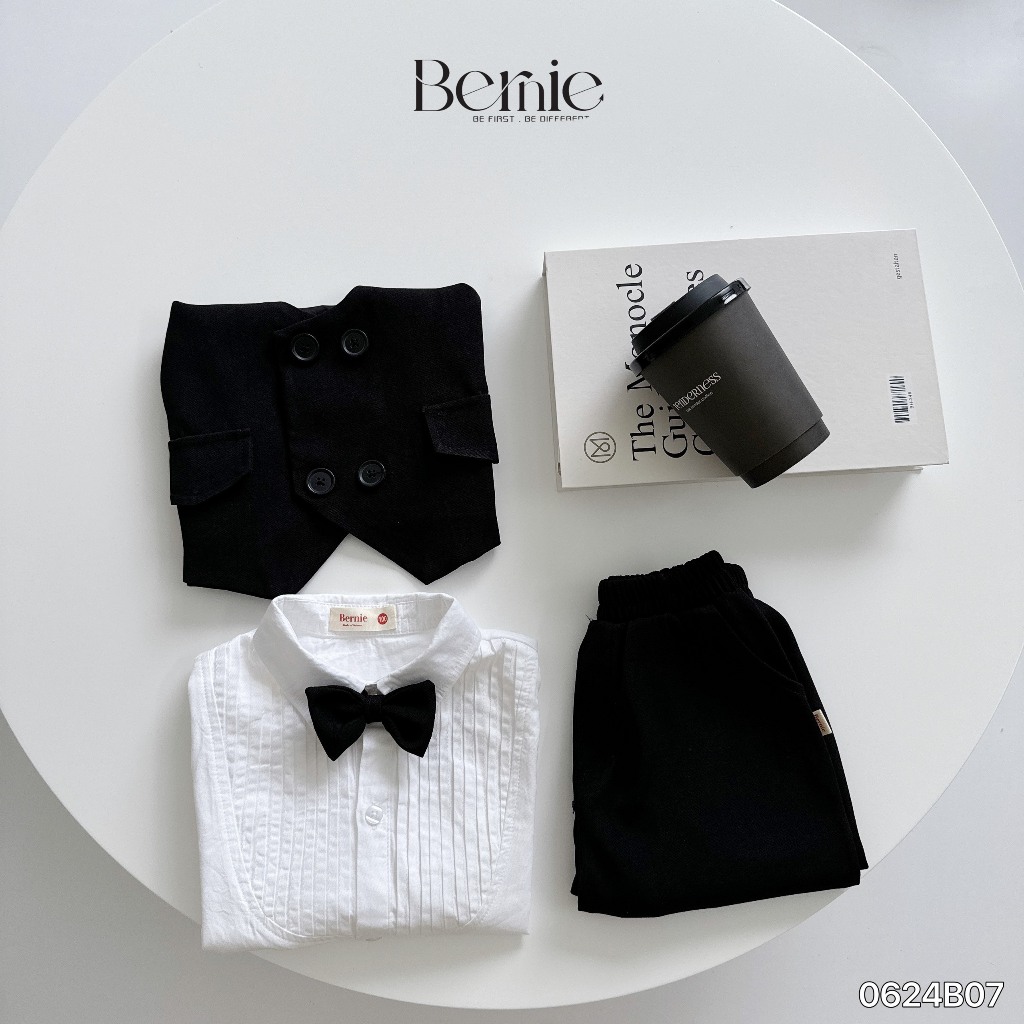 Set gile vest, sơ mi trắng kèm nơ công tử, bộ gile 4 chi tiết phong cách Hàn Quốc bé trai