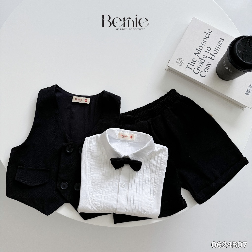 Set gile vest, sơ mi trắng kèm nơ công tử, bộ gile 4 chi tiết phong cách Hàn Quốc bé trai