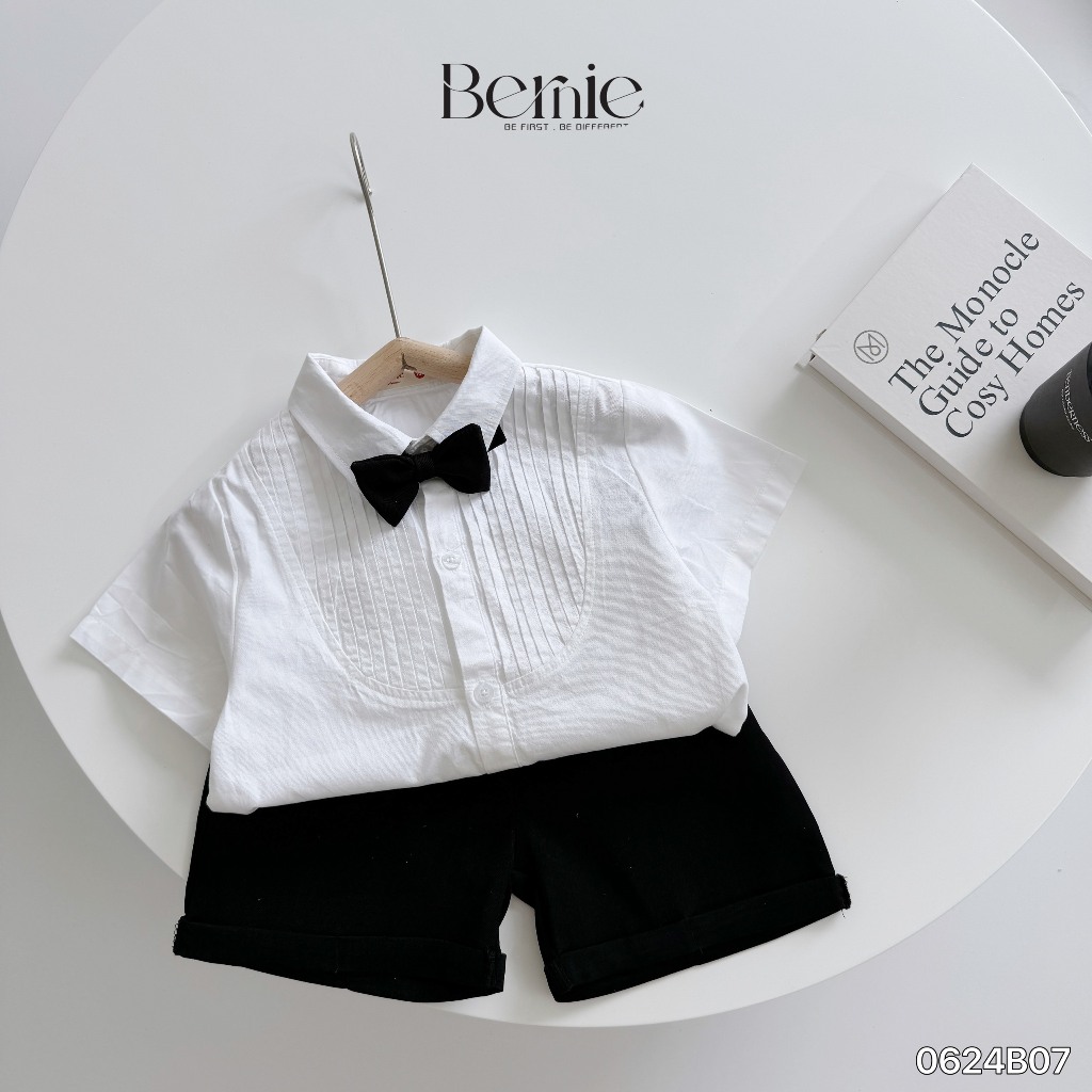 Set gile vest, sơ mi trắng kèm nơ công tử, bộ gile 4 chi tiết phong cách Hàn Quốc bé trai