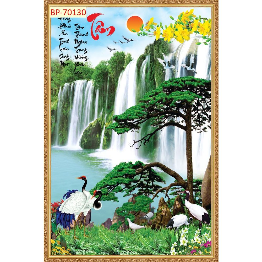 Mẫu tranh lụa dán tường 3D cao cấp phong cảnh sơn thủy hữu tình đẹp. KHỔ DỌC