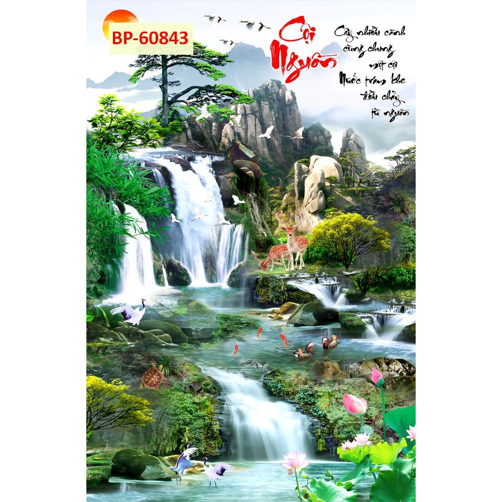 Mẫu tranh lụa dán tường 3D cao cấp phong cảnh sơn thủy hữu tình đẹp. KHỔ DỌC