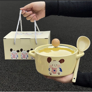 Set Nồi Sứ Có Nắp Tặng Kèm Thìa Sứ Hoạ Tiết Siêu Cute ( Không Nấu Trực Tiếp Trên Bếp )