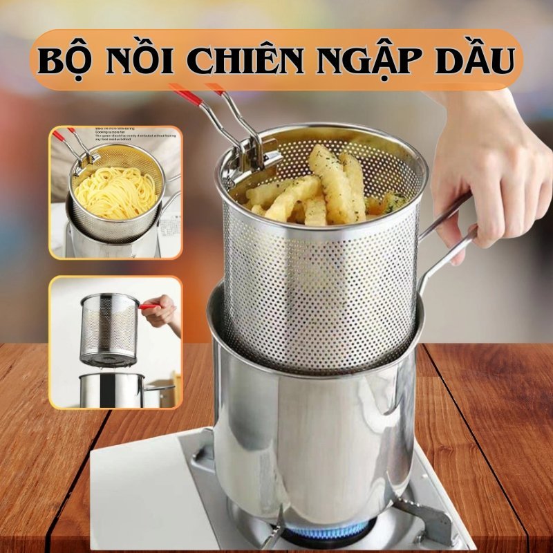 Nồi chiên ngập dầu inox 304 dung tích 1200ml có lưới lọc tiết kiệm dầu dùng được cho bếp từ