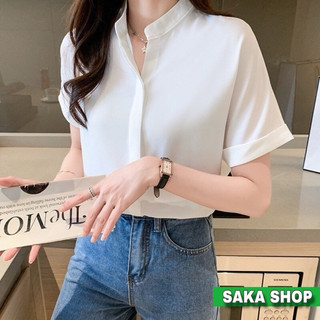 Áo sơ mi cổ trụ nữ tay ngắn giấu nút màu trắng from rộng