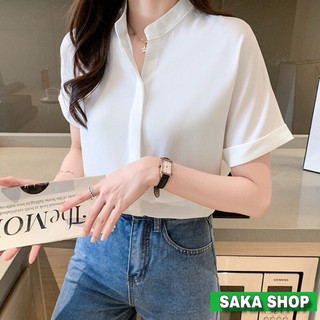 Áo sơ mi cổ trụ nữ tay ngắn giấu nút màu trắng from rộng