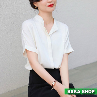 Áo sơ mi cổ trụ nữ tay ngắn giấu nút màu trắng from rộng