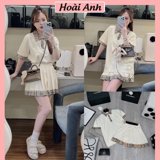 Set Bộ Đồ Nữ Áo Polo Nỉ Mì Kem TRơn Phối Kẻ Caro BBR Mix Chân Váy Xếp Ly Viền Gấu Kẻ Freesize