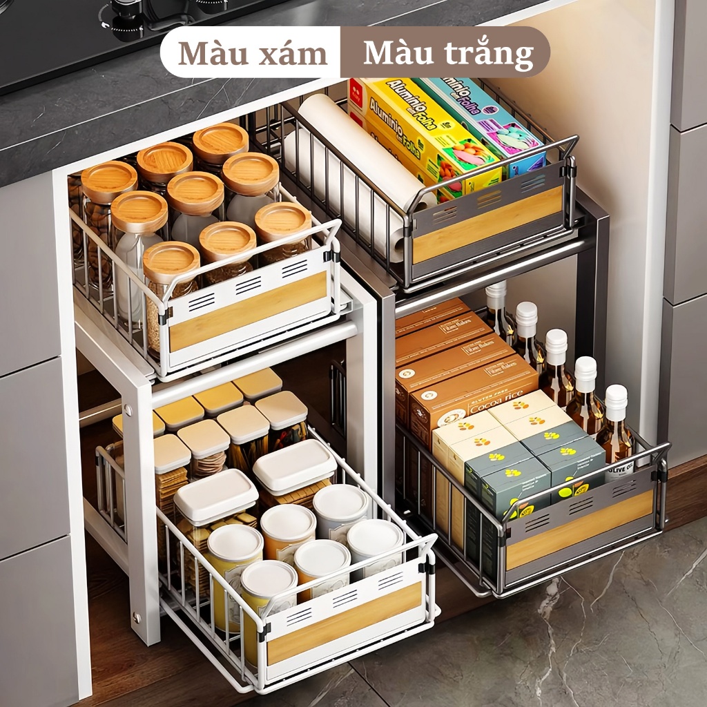 Lifinity Kệ kéo kép-2 tầng trắng/xám, Kệ đựng vật dụng kéo kép Có tấm gỗ, Kệ để đồ kéo kép