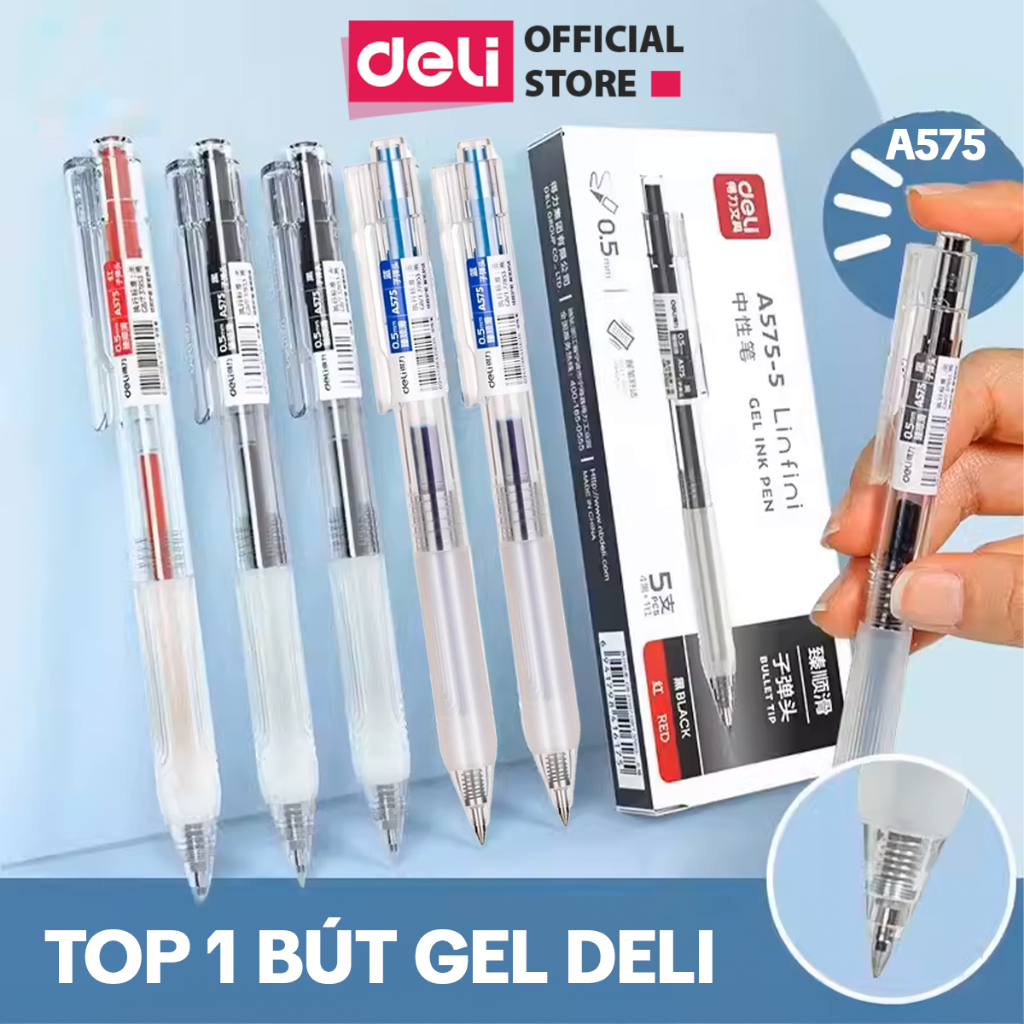 [x3 Mực] Bút Bi Nước Mực Gel Ngòi 0.5mm Màu Đen Xanh Đỏ Deli Vỏ Trong Suốt Có Đệm Tay Cho Văn Phòng Học Sinh A575
