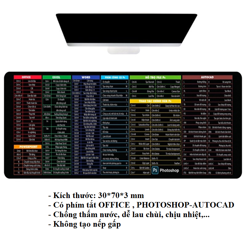 Lót chuột máy tính in phím tắt Excel, MS-Office, Photoshop, Word, Pad Mouse , Các Phím Tắt Chuột đa năng