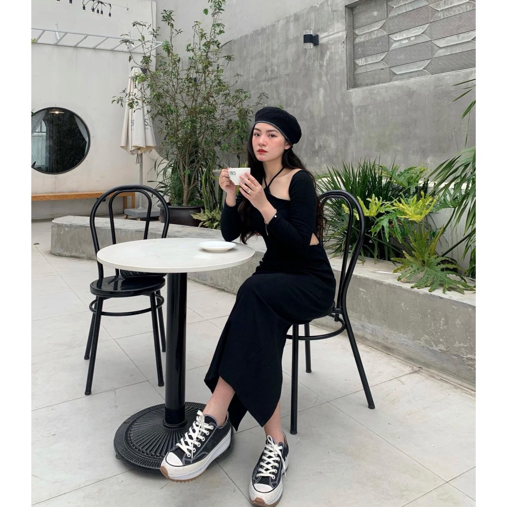 Đầm Body Dáng dài RANSHI,Váy Body Sexy Cổ Yếm Hở Lưng Dài Tay Khoét Eo Tôn Dáng Cho Nữ Sang Trọng Đi Tiệc  - RBD068