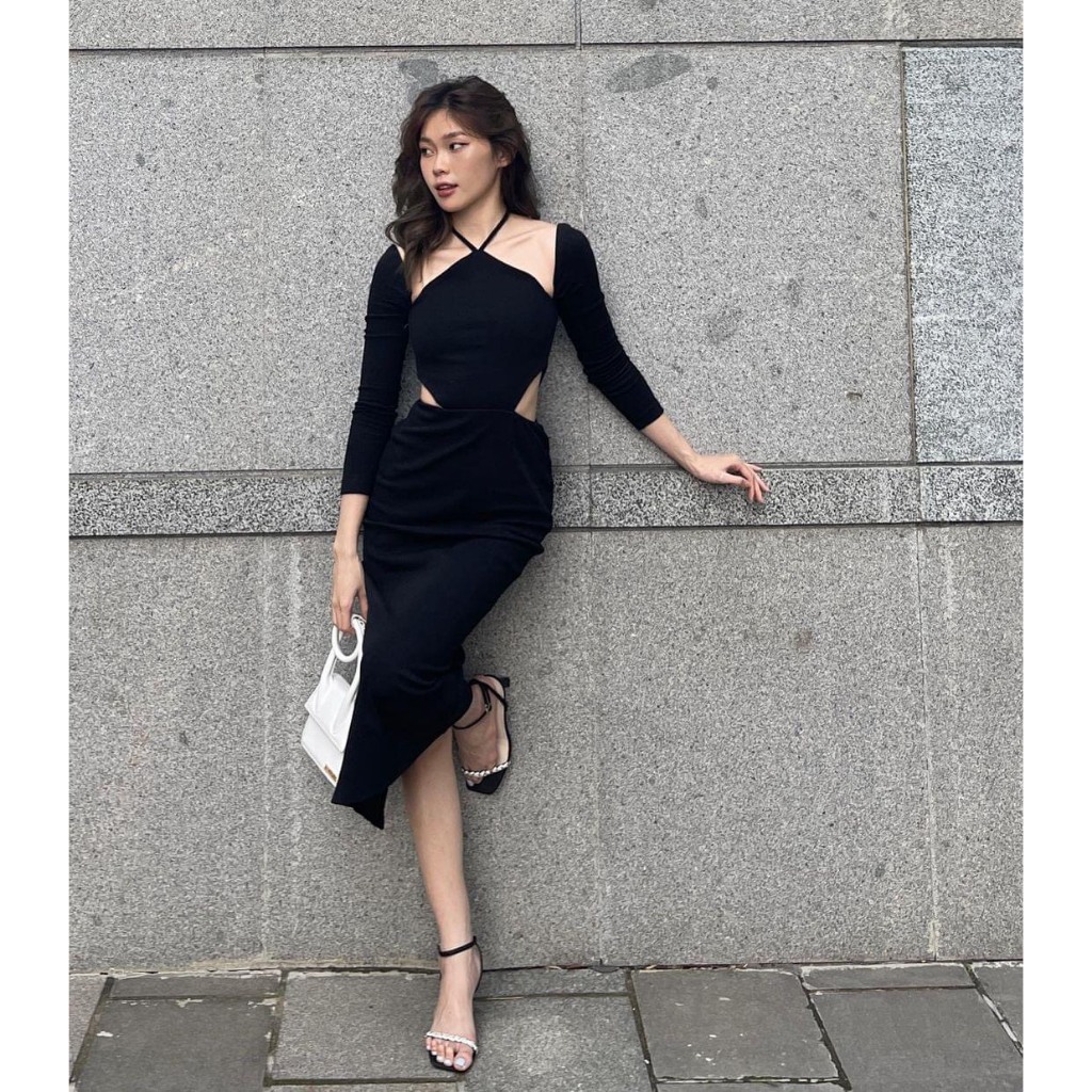 Đầm Body Dáng dài RANSHI,Váy Body Sexy Cổ Yếm Hở Lưng Dài Tay Khoét Eo Tôn Dáng Cho Nữ Sang Trọng Đi Tiệc  - RBD068