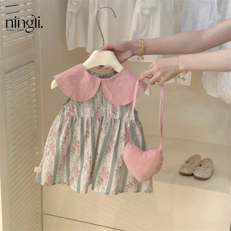 (Order) Váy hoa nhí cổ tim hồng thiết kế phong cách Hàn Quốc dành cho bé gái từ 11-23kg (tặng kèm túi)