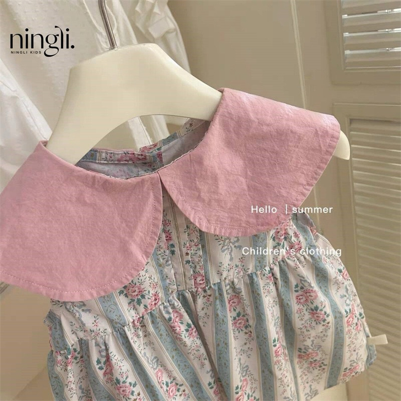 (Order) Váy hoa nhí cổ tim hồng thiết kế phong cách Hàn Quốc dành cho bé gái từ 11-23kg (tặng kèm túi)