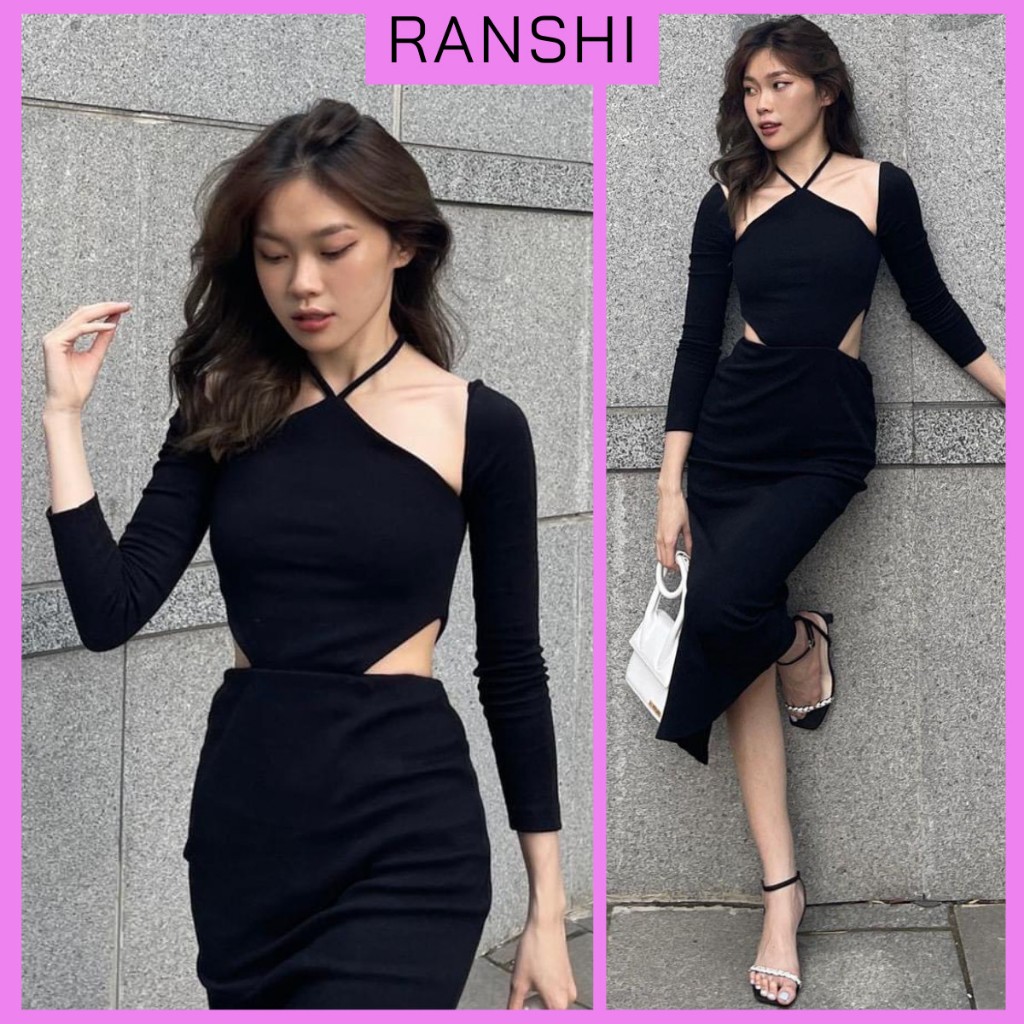 Đầm Body Dáng dài RANSHI,Váy Body Sexy Cổ Yếm Hở Lưng Dài Tay Khoét Eo Tôn Dáng Cho Nữ Sang Trọng Đi Tiệc  - RBD068