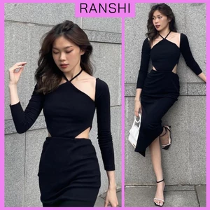 Đầm Body Dáng dài RANSHI,Váy Body Sexy Cổ Yếm Hở Lưng Dài Tay Khoét Eo Tôn Dáng Cho Nữ Sang Trọng Đi Tiệc - RBD068