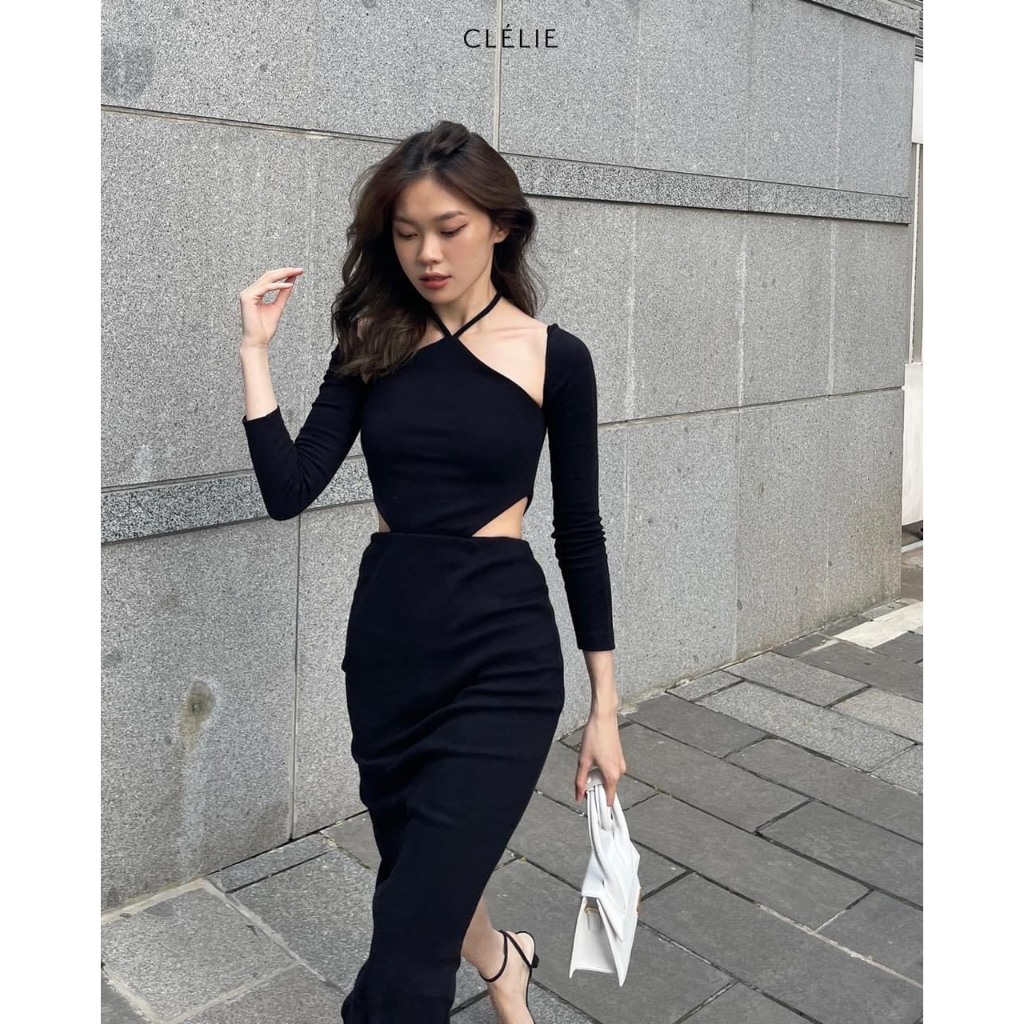 Đầm Body Dáng dài RANSHI,Váy Body Sexy Cổ Yếm Hở Lưng Dài Tay Khoét Eo Tôn Dáng Cho Nữ Sang Trọng Đi Tiệc  - RBD068