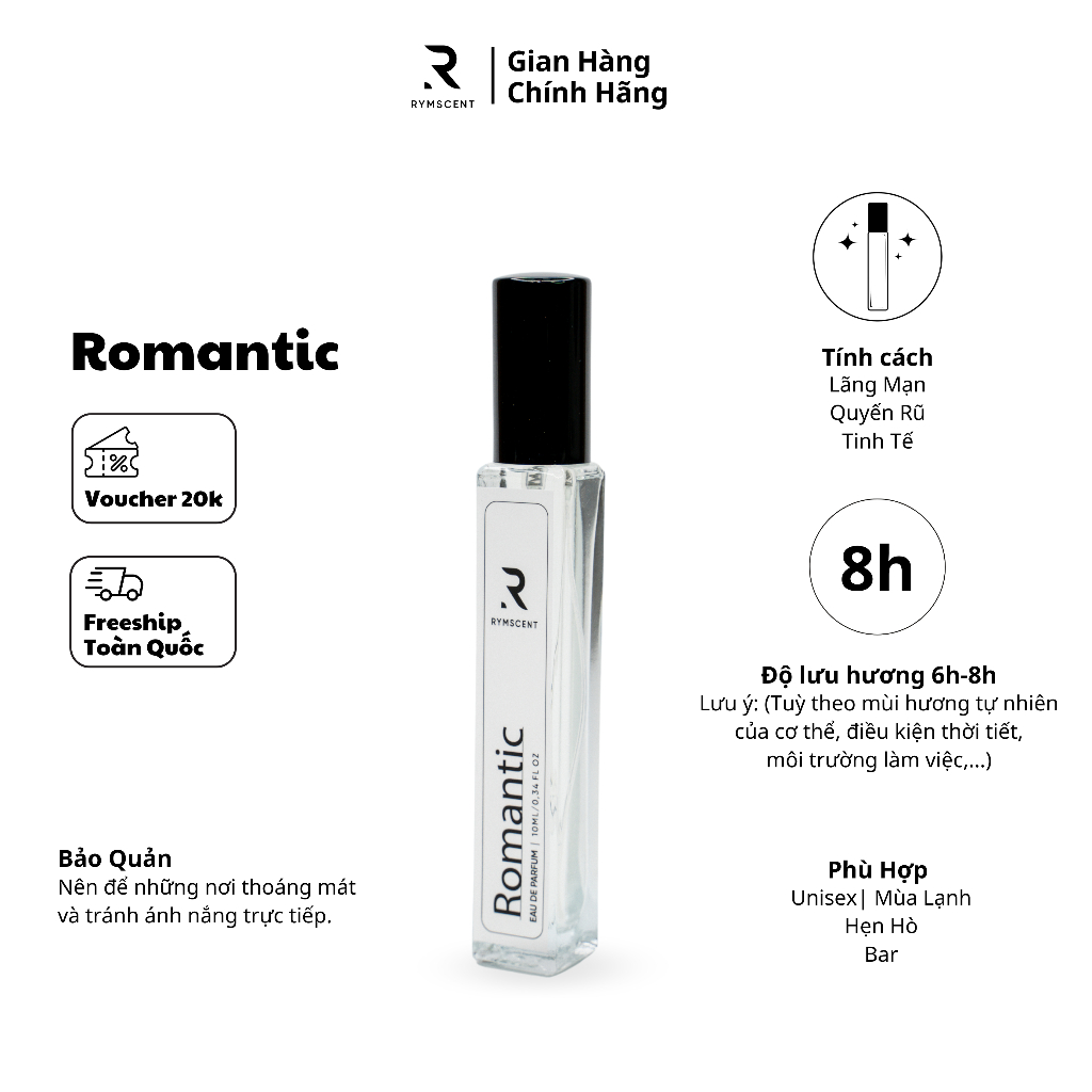 Nước hoa RYMSCENT Nữ Romantic 10ml | Nhóm hương hoa, độ lưu hương từ 6h-8h | Dạng xịt.