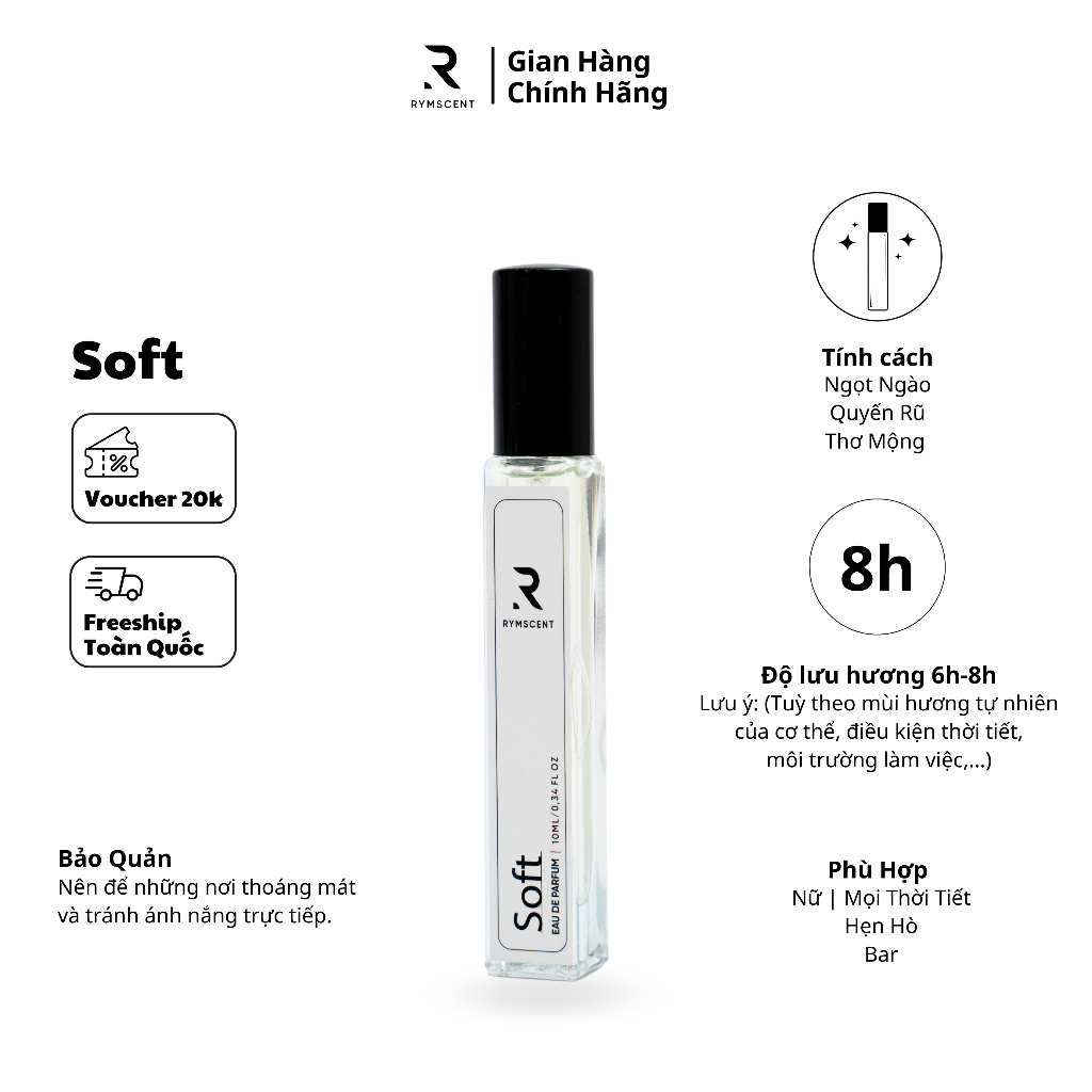 Nước hoa RYMSCENT Nữ Soft 10ml | Nhóm hương hoa, độ lưu hương từ 6h-8h | Dạng xịt.