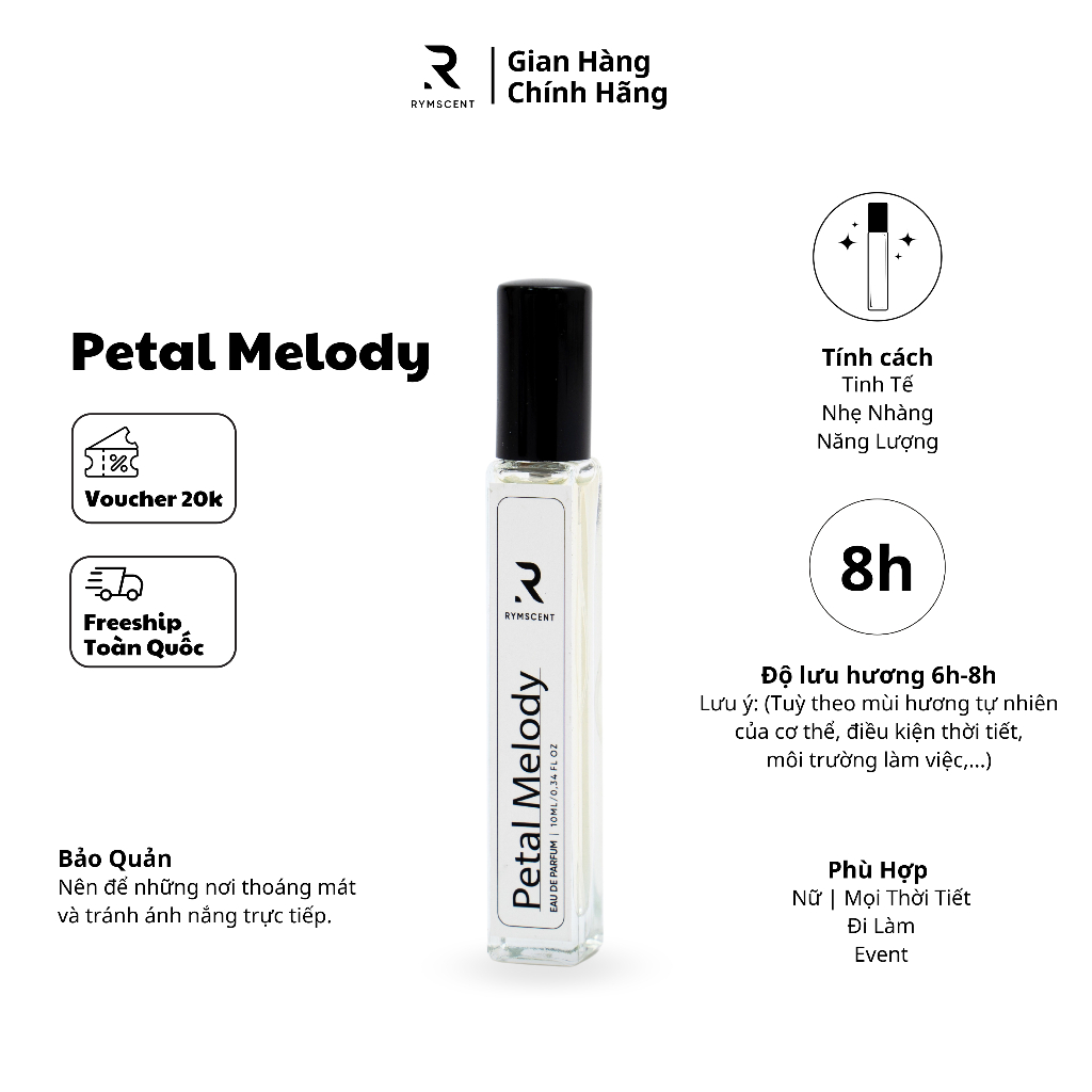 Nước hoa RYMSCENT Nữ Petal Melody 10ml | Nhóm hương hoa, độ lưu hương từ 6h-8h | Dạng xịt.