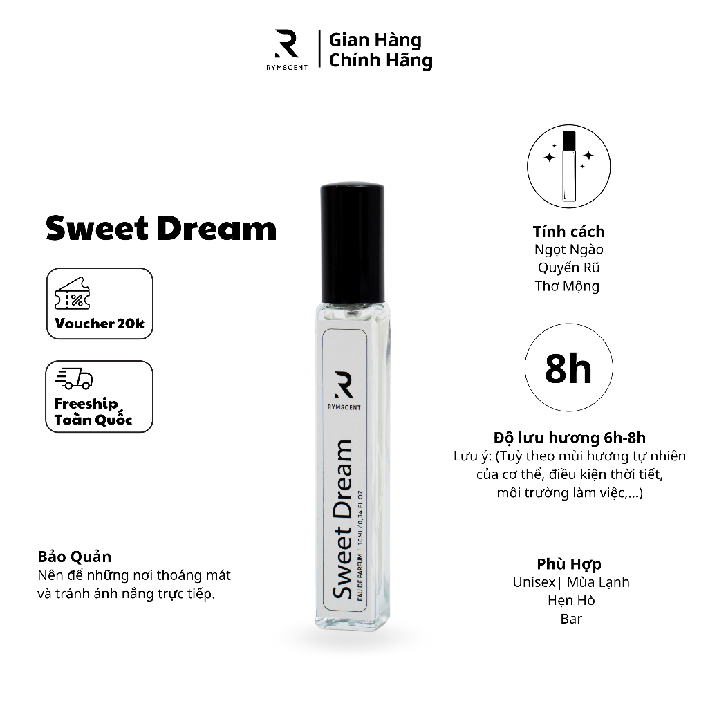Nước hoa RYMSCENT Unisex Sweet Dream 10ml | Nhóm hương hoa, độ lưu hương từ 6h-8h | Dạng xịt.