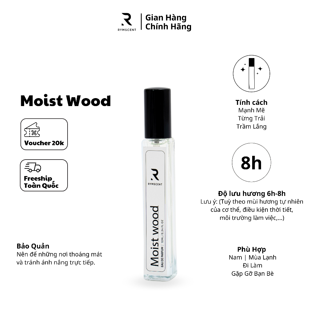 Nước hoa RYMSCENT Nam Moist wood 10ml | Nhóm hương gỗ, độ lưu hương từ 6h-8h | Dạng xịt.