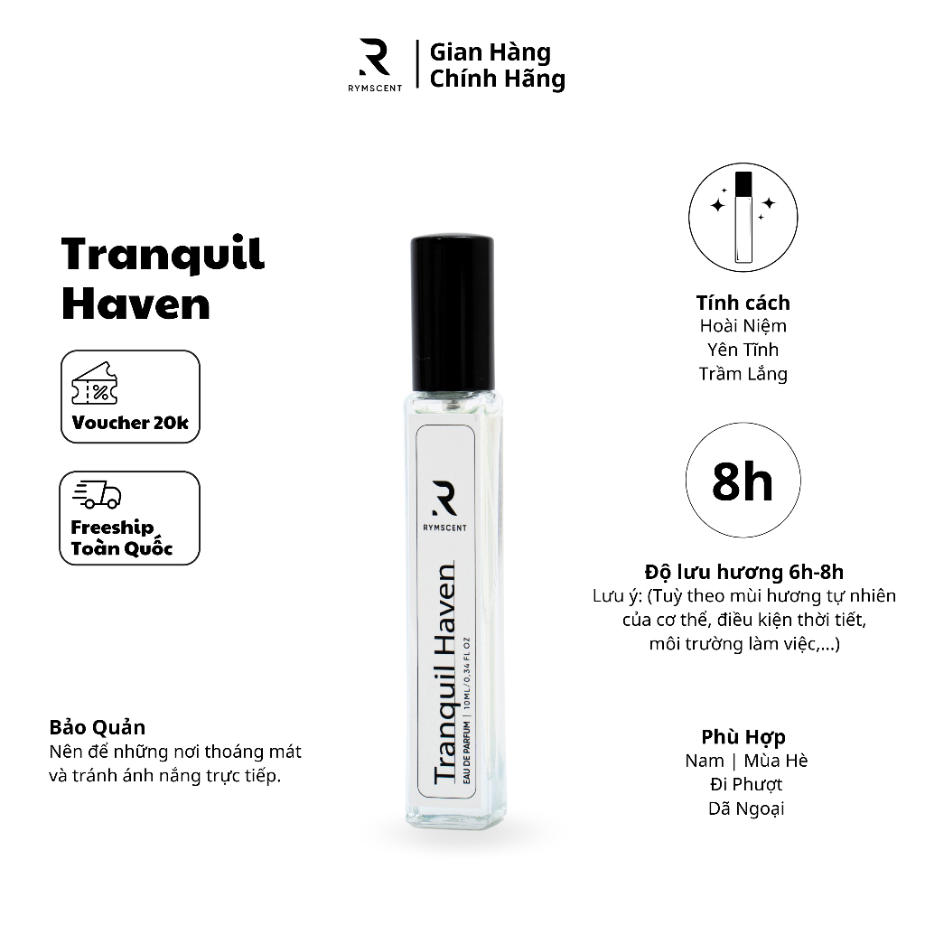 Nước hoa Nam RYMSCENT Tranquil Haven 10ml | Nhóm hương xạ hương, độ lưu hương từ 6h-8h | Dạng xịt.