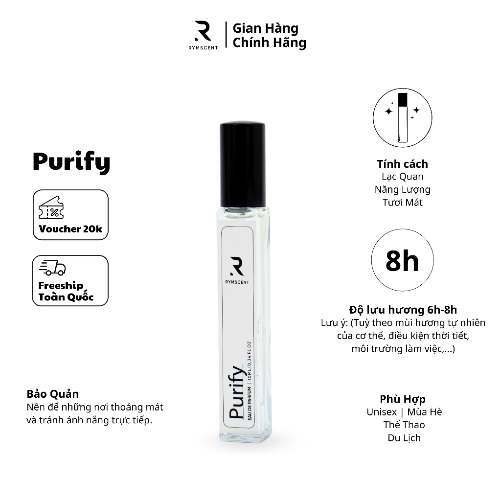 Nước hoa RYMSCENT Unisex Purify 10ml | Nhóm hương tươi mát, độ lưu hương từ 6h-8h | Dạng xịt.