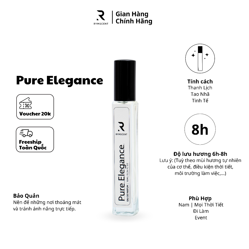 Nước hoa Nam Pure Elegance 10ml | Nhóm hương tươi mát, độ lưu hương từ 6h-8h | Dạng xịt.